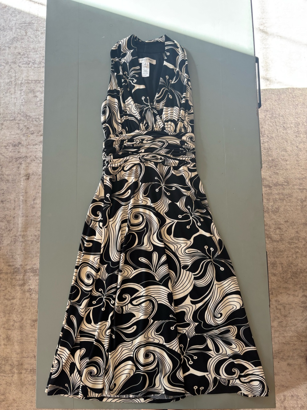 Evan Picone 2000s Black and Cream Midi Dress with Swirl Floral Print